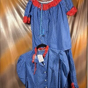 Vintage 70’s 3 piece. 2 tops & maxi skirt Blue and Red Polka Dot Dress Set box T